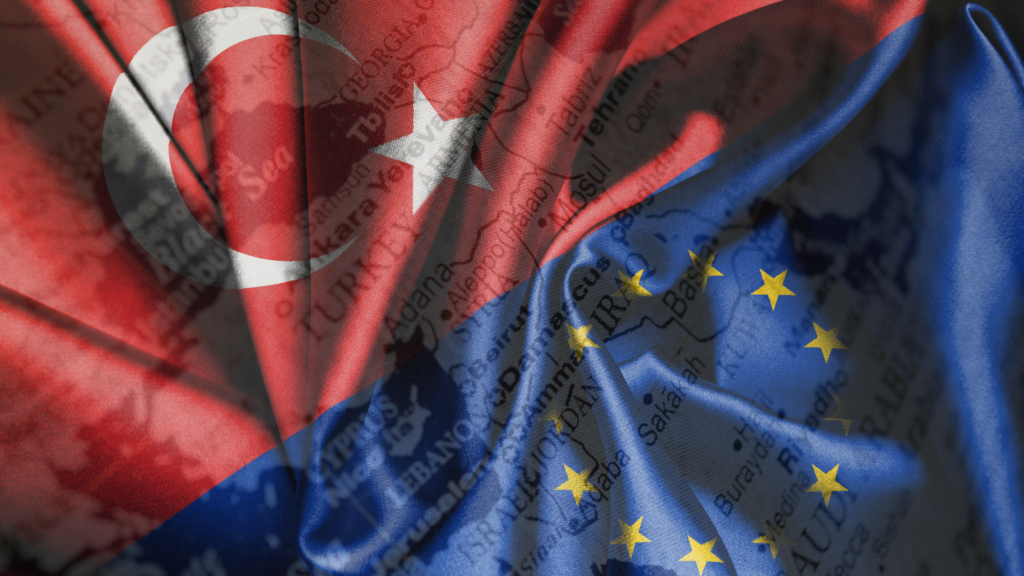 Turkish and European Union flags merged over a map, symbolizing the growing trade relations and demand for Turkish goods in European markets.