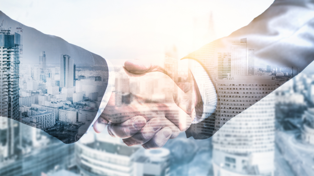Handshake blended with an urban skyline backdrop, symbolizing YeYe Agency's commitment to establishing strategic partnerships and connections in the sourcing industry.