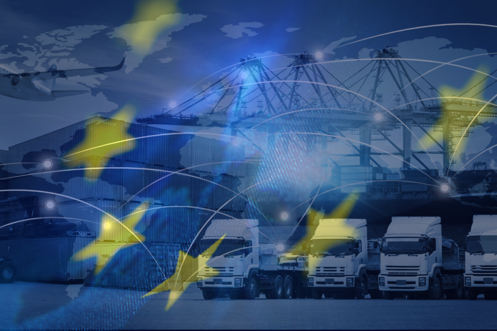 Illustration of a global logistics network highlighting European transportation routes and connections.
