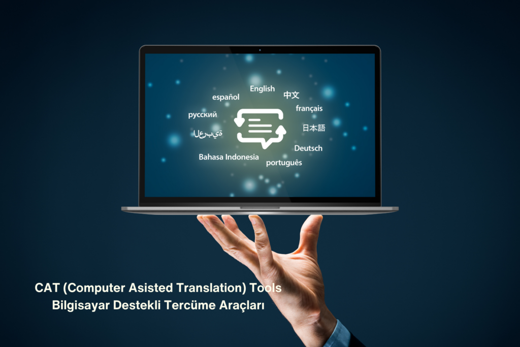 Floating icons of various world languages on a laptop screen, representing the use of CAT Tools for multilingual translation assistance.